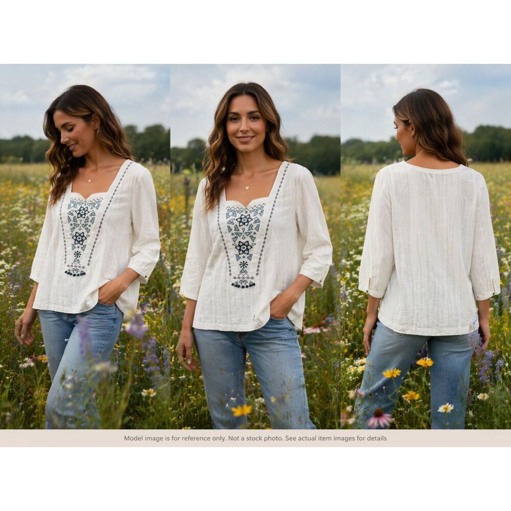 Embroidered Ivory Top with Navy Detail
